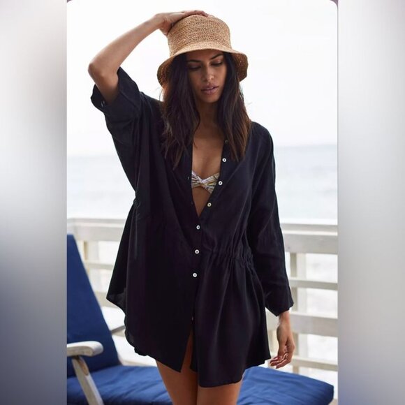 L*SPACE Pacifica Tunic Button Down Swim Cover Up in Black Size XS / Small - Picture 1 of 12